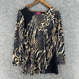 Max & Rina Blouse Women M Medium Black Animal Print Long Sleeve Round Neck